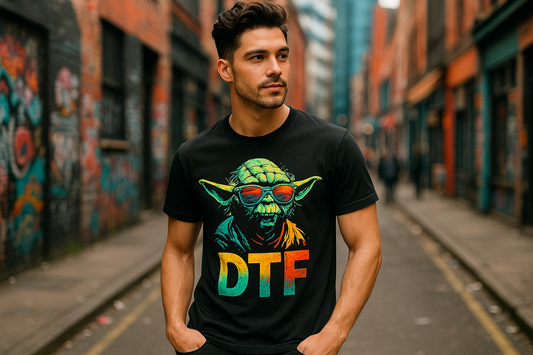 Young man in an urban settign wearing a cleaverly designed and popular themed black dtf t shirt