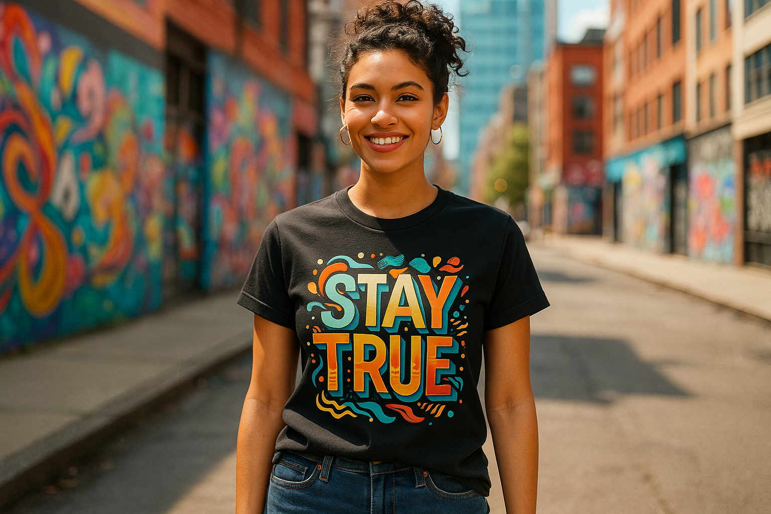 young woman in an urban setting that is wearing a t shirt that is exciting and features a clever dtf design.